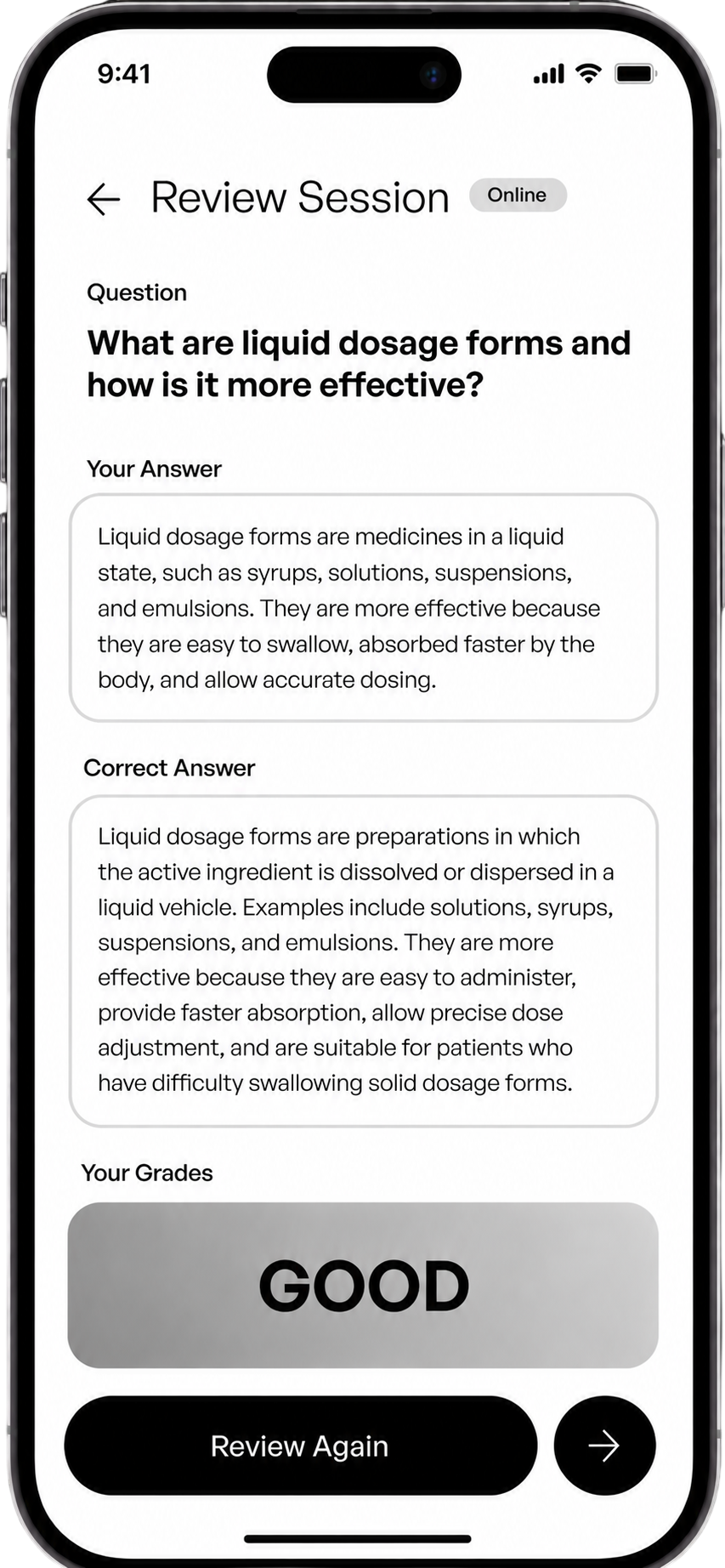 Reviso AI flashcard review session with auto-scoring and spaced repetition